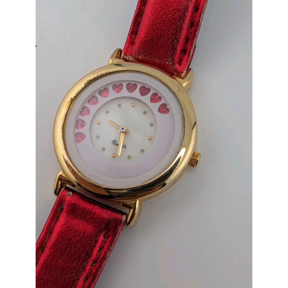 Vintage Women's Watch Rotating Hearts Gold Case Red Leather Band- New Battery